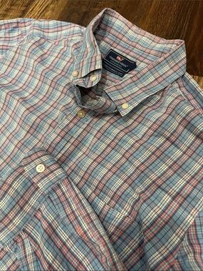 Vineyard Vines Performance Blue and Pink Plaid Button-Down Shirt